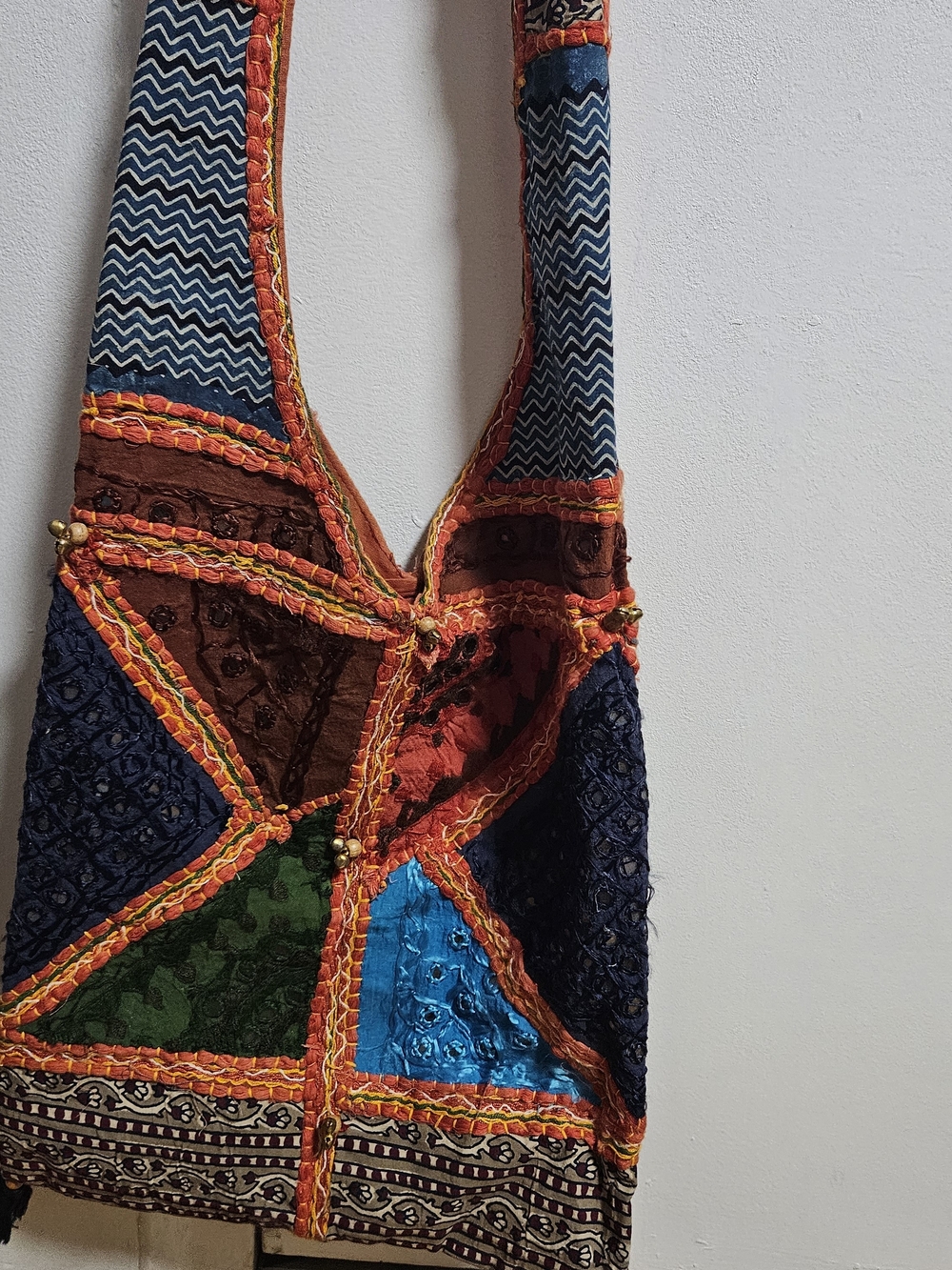 Patchwork Embroidered Shoulder Bag in Blue, Green, Brown & Orange